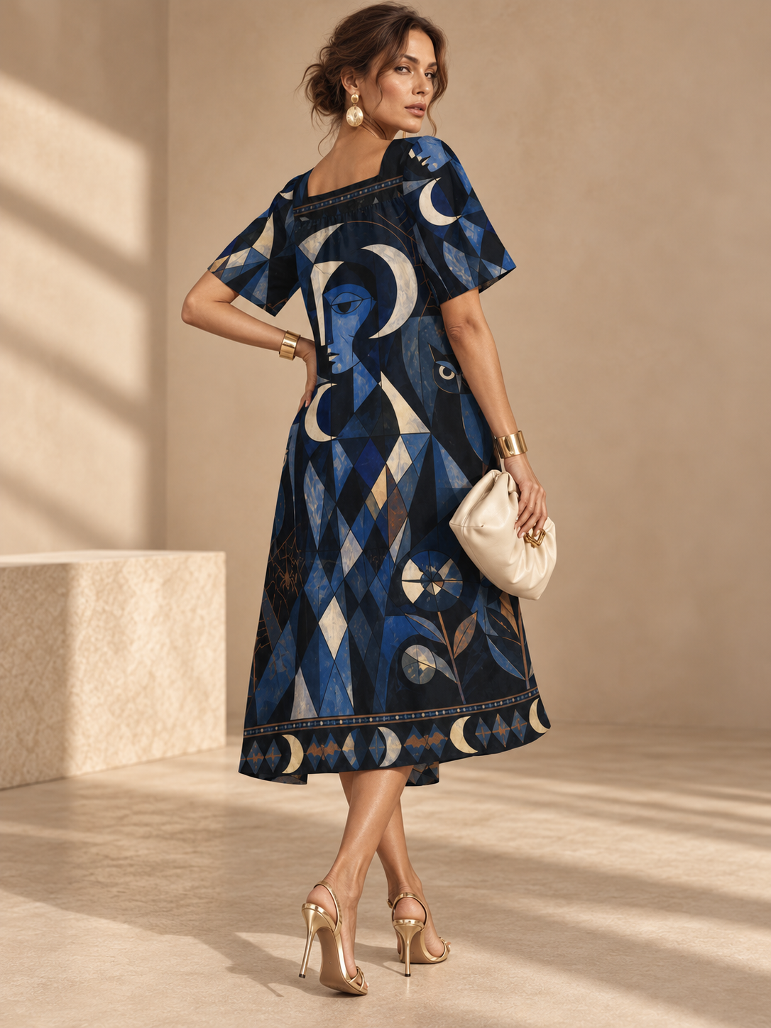 Celestial Moon Maxi Dress, Navy Geometric Puff Sleeve Square Neck Dress