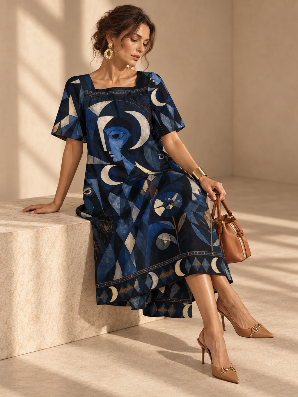Celestial Moon Maxi Dress, Navy Geometric Puff Sleeve Square Neck Dress