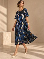 Celestial Moon Maxi Dress, Navy Geometric Puff Sleeve Square Neck Dress