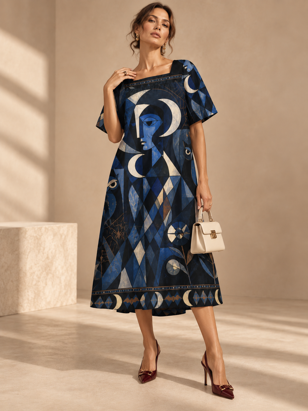 Celestial Moon Maxi Dress, Navy Geometric Puff Sleeve Square Neck Dress