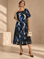 Celestial Moon Maxi Dress, Navy Geometric Puff Sleeve Square Neck Dress