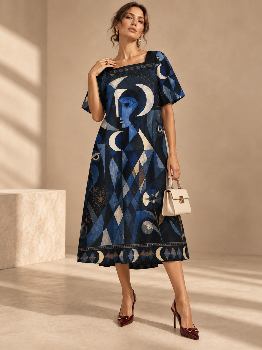 Celestial Moon Maxi Dress, Navy Geometric Puff Sleeve Square Neck Dress