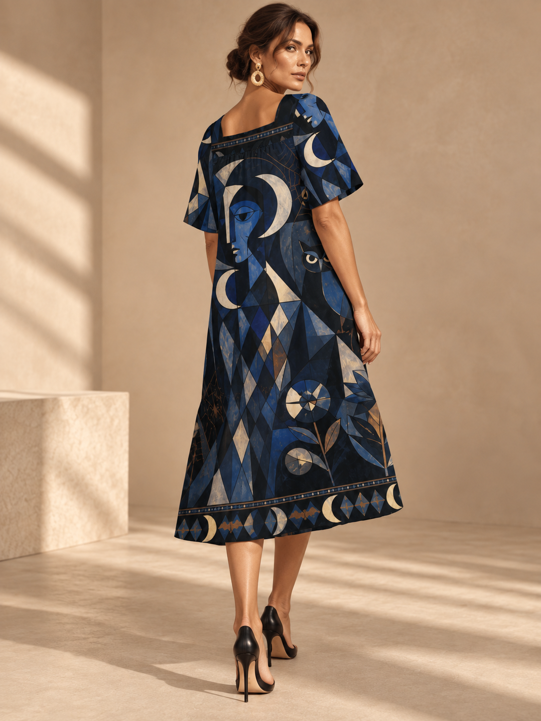 Celestial Moon Maxi Dress, Navy Geometric Puff Sleeve Square Neck Dress