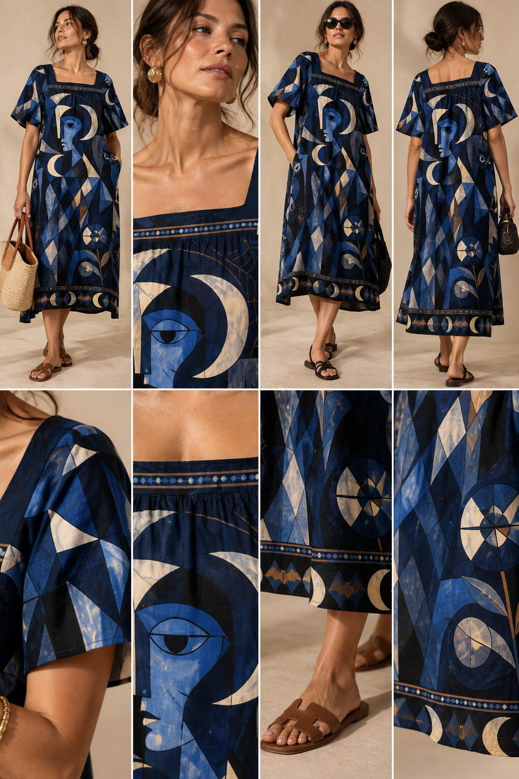 Celestial Moon Maxi Dress, Navy Geometric Puff Sleeve Square Neck Dress