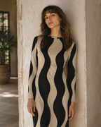 Black Beige Wave Long-Sleeve Mini Dress