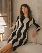 Black Beige Wave Long-Sleeve Mini Dress