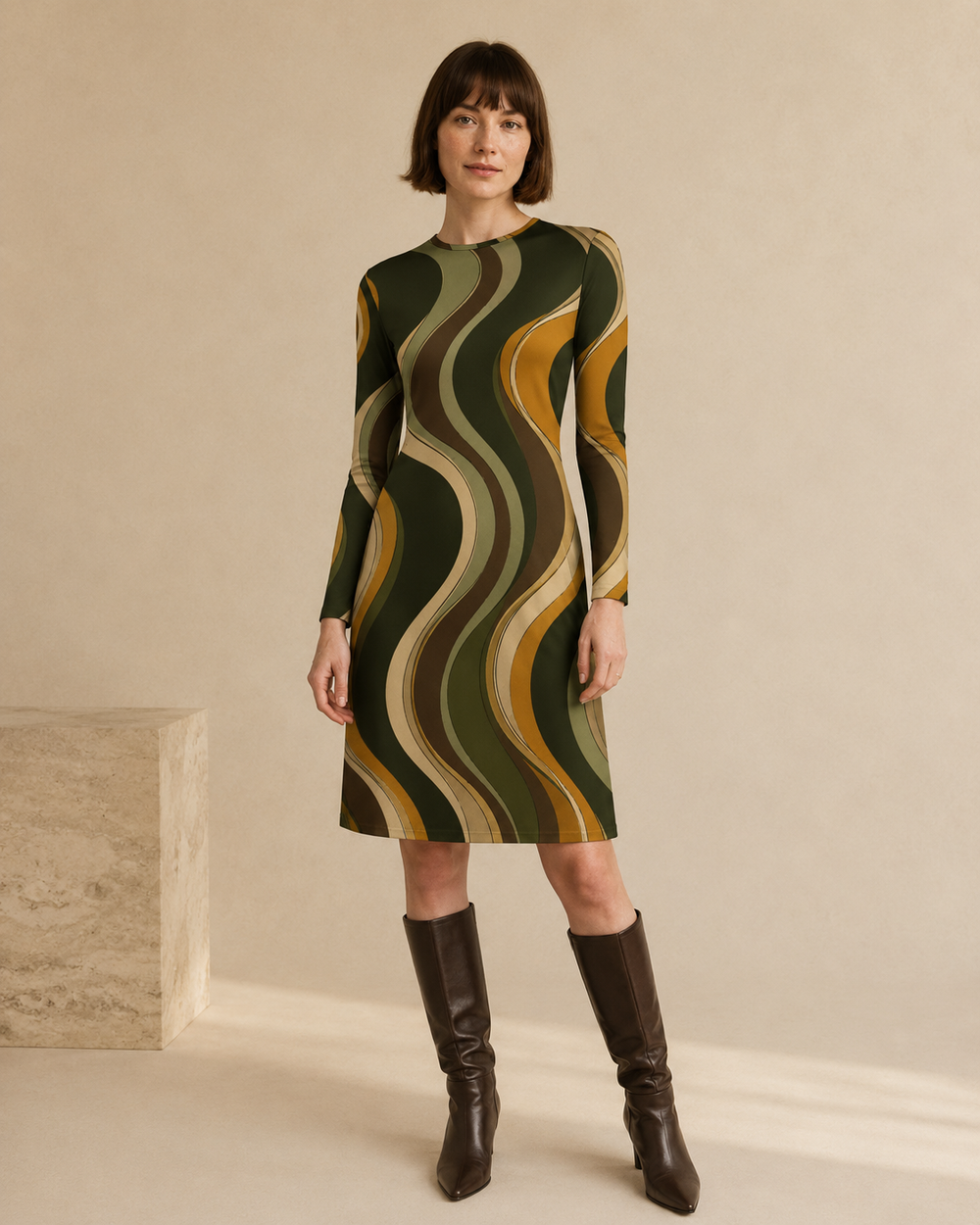 70s Retro Wave Long-Sleeve Mini Dress | Olive Orange