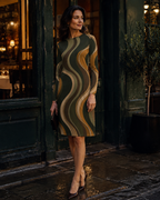 70s Retro Wave Long-Sleeve Mini Dress | Olive Orange