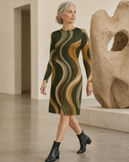 70s Retro Wave Long-Sleeve Mini Dress | Olive Orange