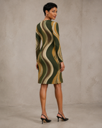 70s Retro Wave Long-Sleeve Mini Dress | Olive Orange