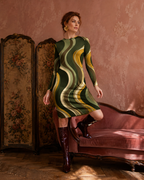 70s Retro Wave Long-Sleeve Mini Dress | Olive Orange