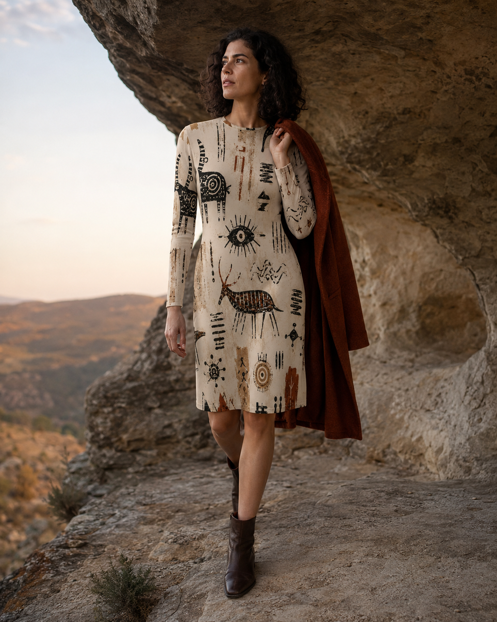 Cave Painting Long Sleeve Dress, Prehistoric Art Mini