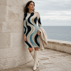 Teal Beige Black Abstract Wave Long Sleeve Dress