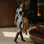 Teal Beige Black Abstract Wave Long Sleeve Dress