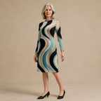 Teal Beige Black Abstract Wave Long Sleeve Dress