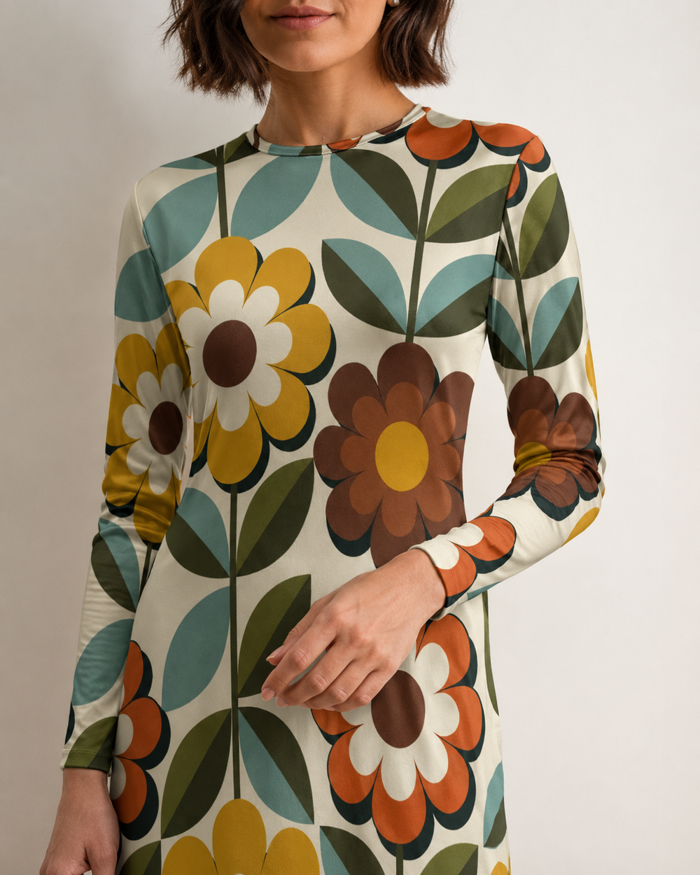70s Floral Long-Sleeve Mini Dress