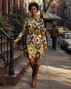 70s Floral Long-Sleeve Mini Dress