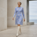 Powder Blue Fish Print Long Sleeve Dress, Coastal Mini