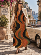 Groovy 70s Maxi Dress, Retro Wave V Neck Dress, Short Sleeve Statement Outfit