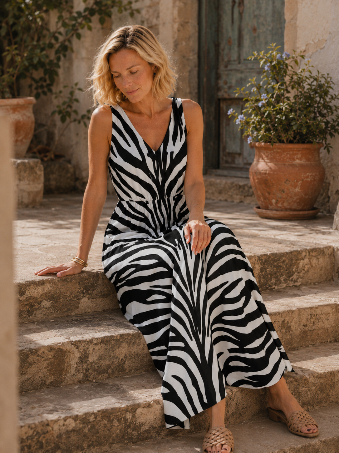 Zebra Print Maxi Dress with Pockets | Black & White Sleeveless V-Neck Dress