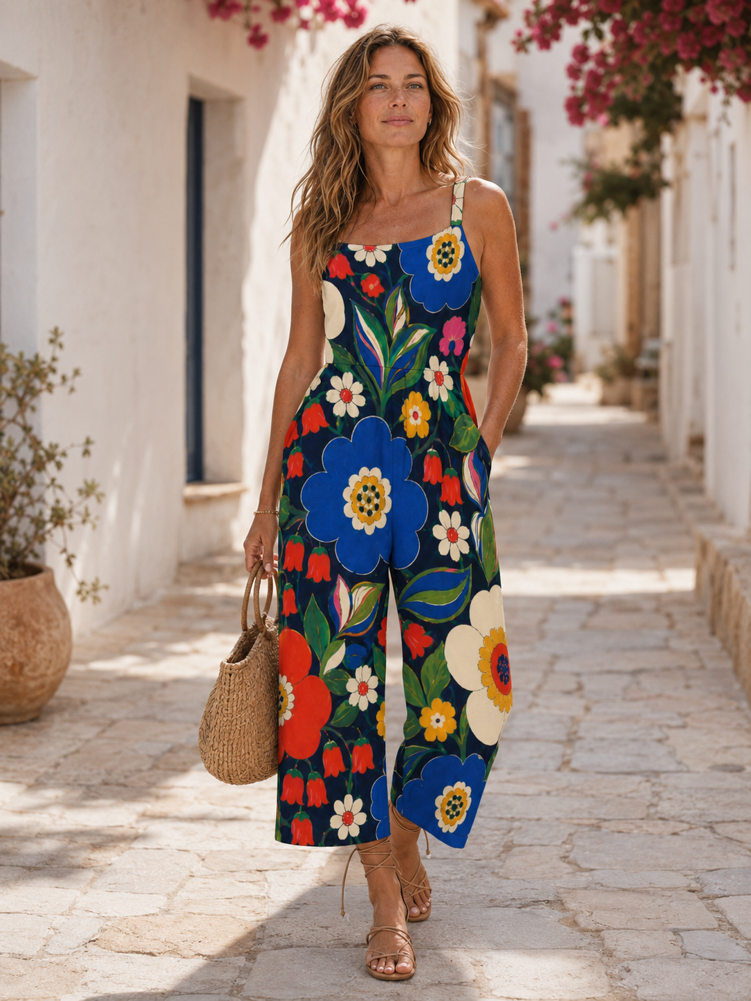 Retro Art Wide-Leg Jumpsuit with Pockets | Colorful Abstract Print