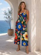 Retro Art Wide-Leg Jumpsuit with Pockets | Colorful Abstract Print