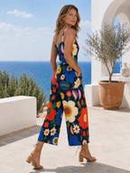 Retro Art Wide-Leg Jumpsuit with Pockets | Colorful Abstract Print