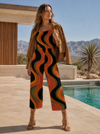 Retro Wave Wide-Leg Jumpsuit with Pockets | 70s Black Terracotta