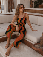 Retro Wave Wide-Leg Jumpsuit with Pockets | 70s Black Terracotta