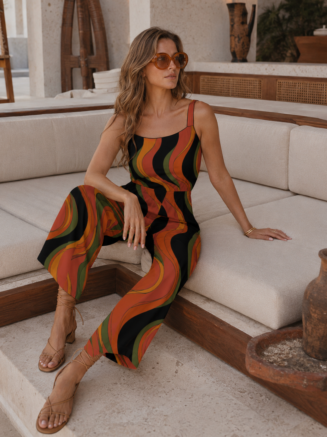 Retro Wave Wide-Leg Jumpsuit with Pockets | 70s Black Terracotta