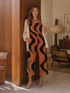 Retro Wave Wide-Leg Jumpsuit with Pockets | 70s Black Terracotta