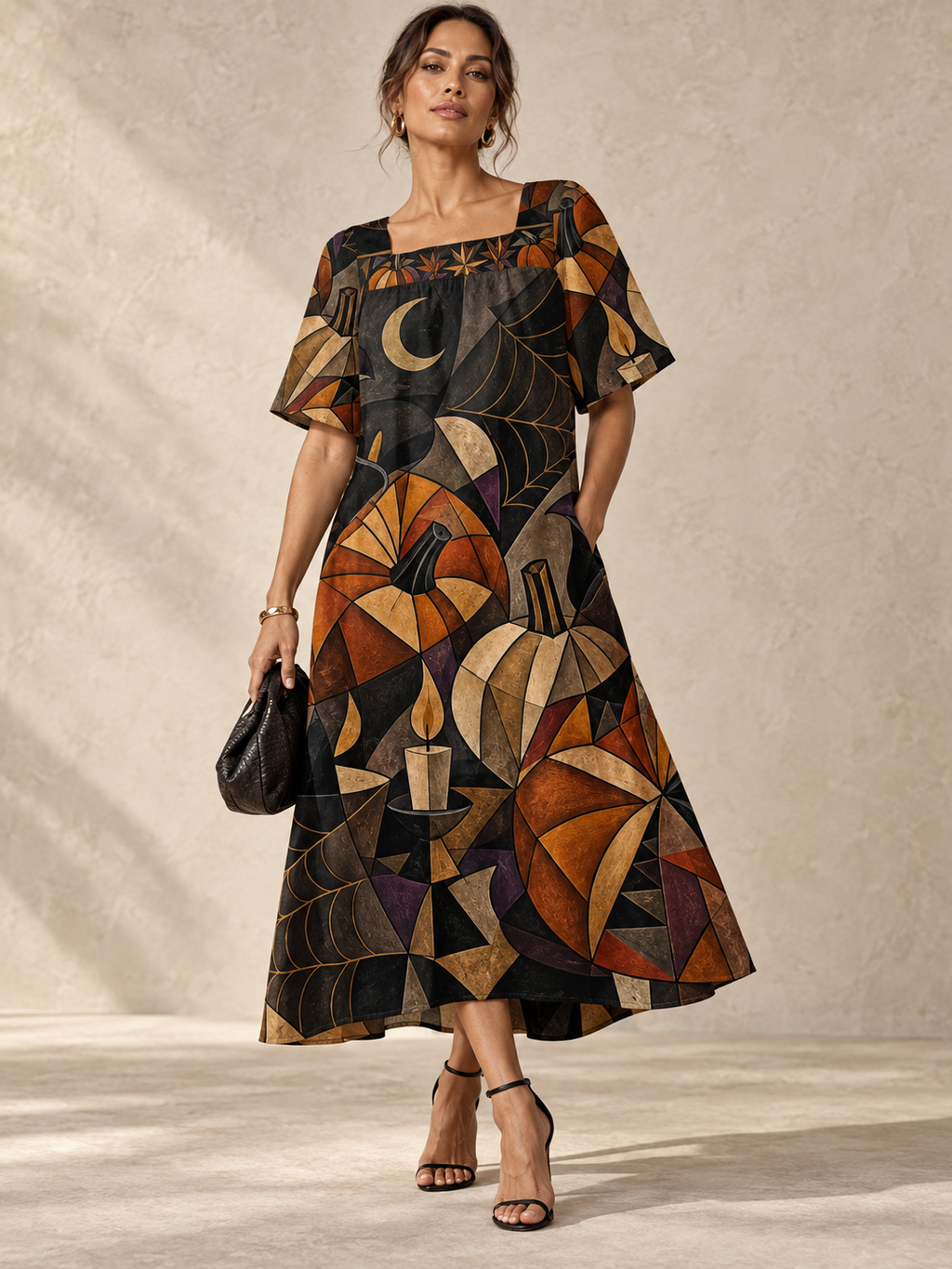 Gothic Halloween Maxi Dress, Geometric Pumpkin Moon Spiderweb Square Neck Dress