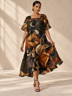 Gothic Halloween Maxi Dress, Geometric Pumpkin Moon Spiderweb Square Neck Dress