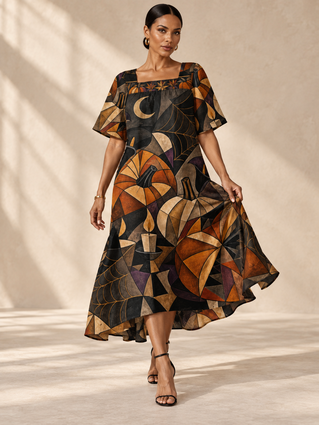 Gothic Halloween Maxi Dress, Geometric Pumpkin Moon Spiderweb Square Neck Dress
