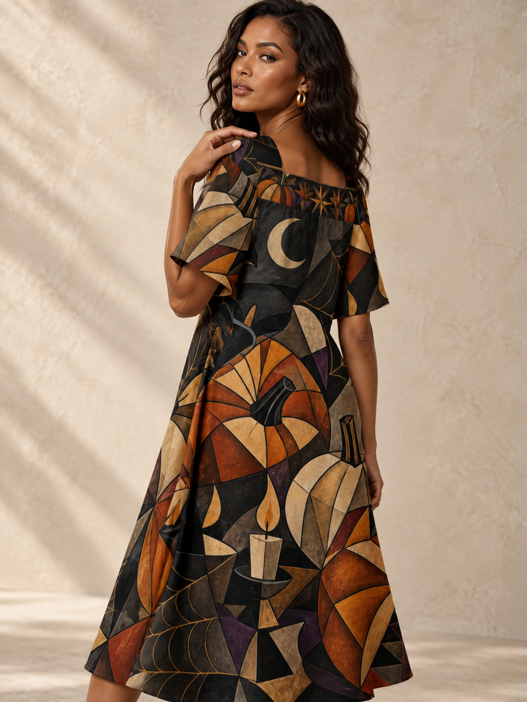 Gothic Halloween Maxi Dress, Geometric Pumpkin Moon Spiderweb Square Neck Dress