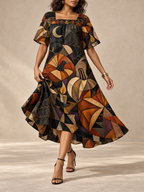 Gothic Halloween Maxi Dress, Geometric Pumpkin Moon Spiderweb Square Neck Dress