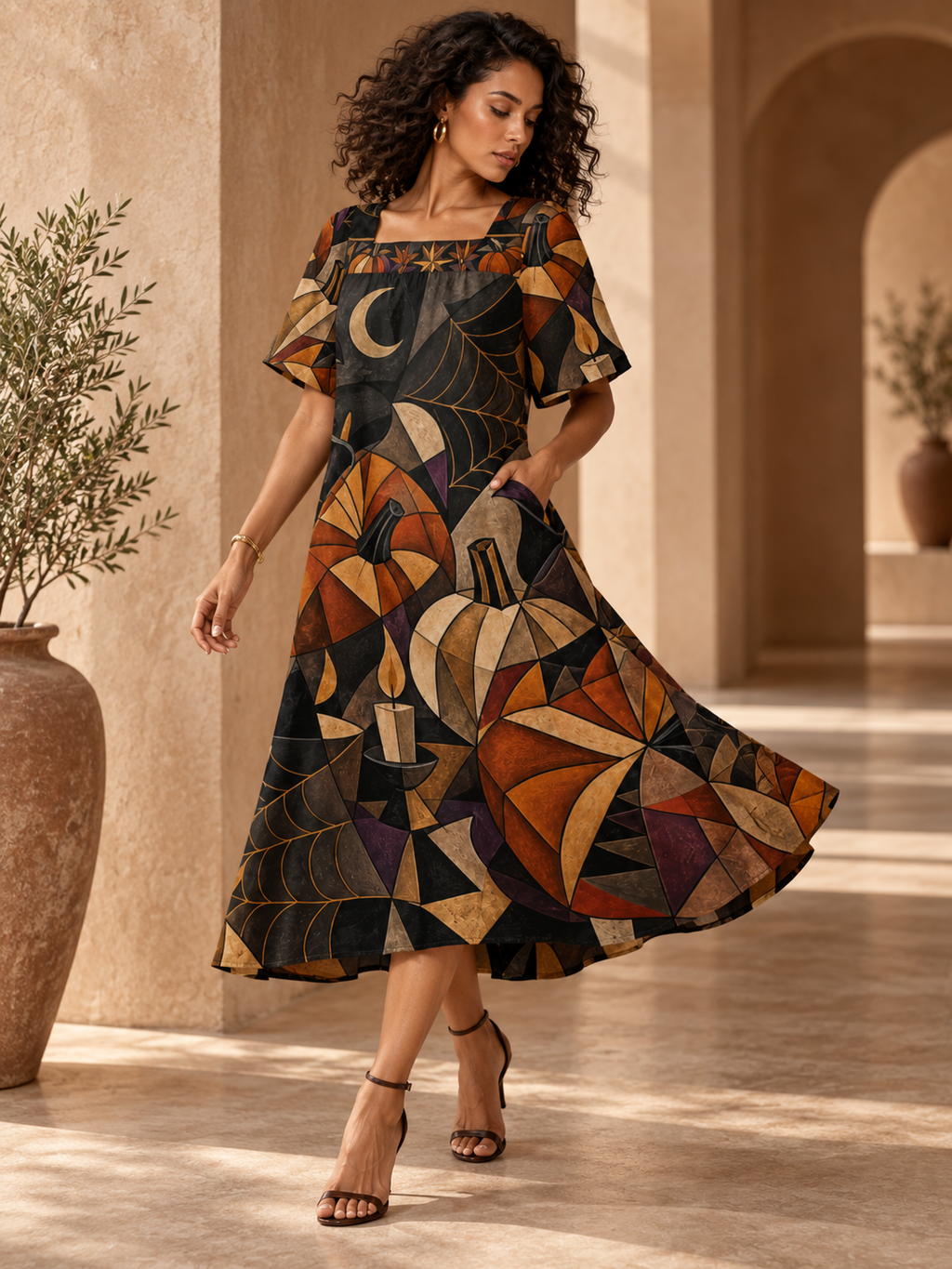 Gothic Halloween Maxi Dress, Geometric Pumpkin Moon Spiderweb Square Neck Dress