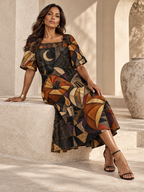 Gothic Halloween Maxi Dress, Geometric Pumpkin Moon Spiderweb Square Neck Dress