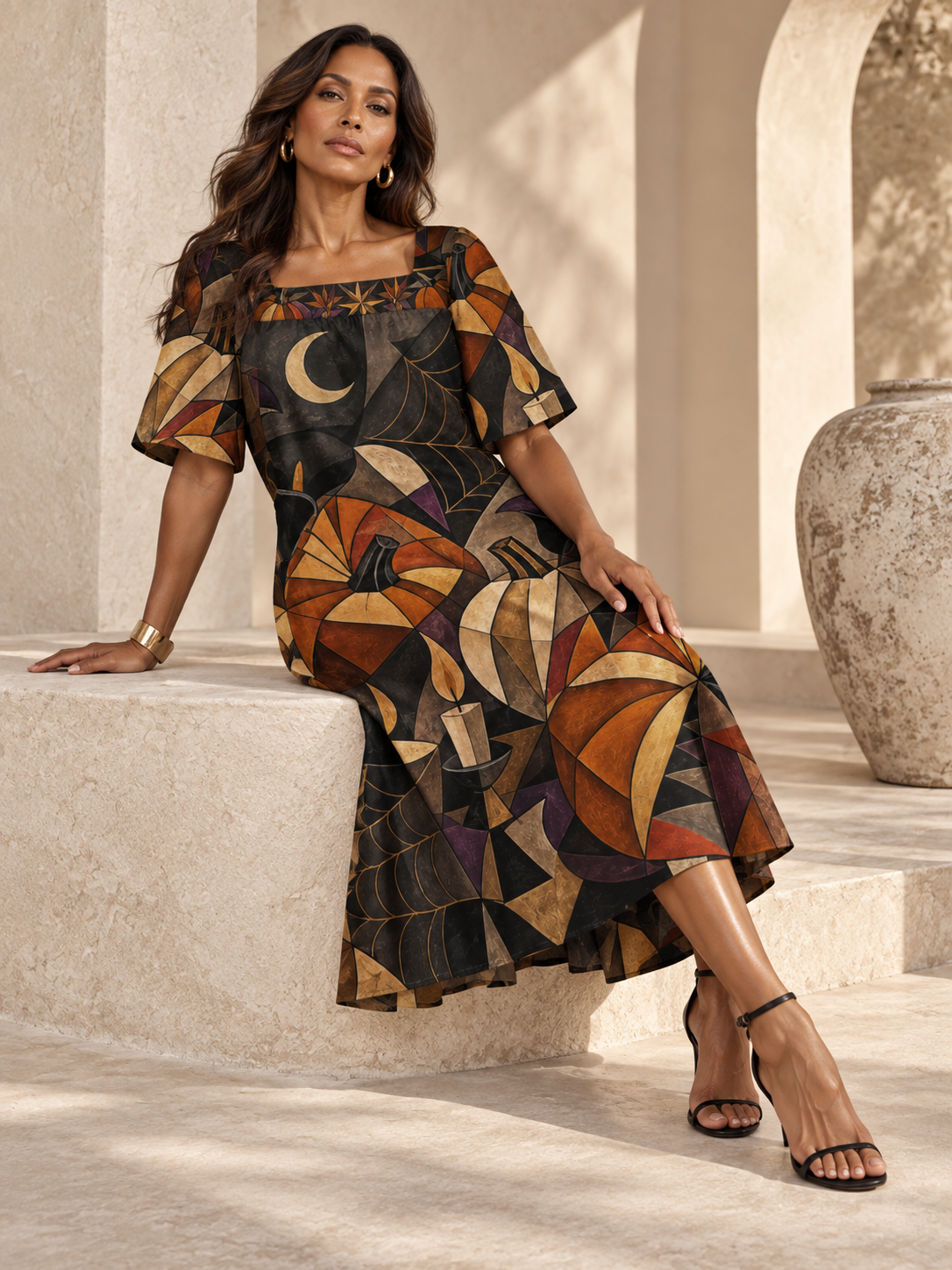 Gothic Halloween Maxi Dress, Geometric Pumpkin Moon Spiderweb Square Neck Dress