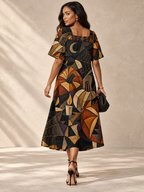 Gothic Halloween Maxi Dress, Geometric Pumpkin Moon Spiderweb Square Neck Dress