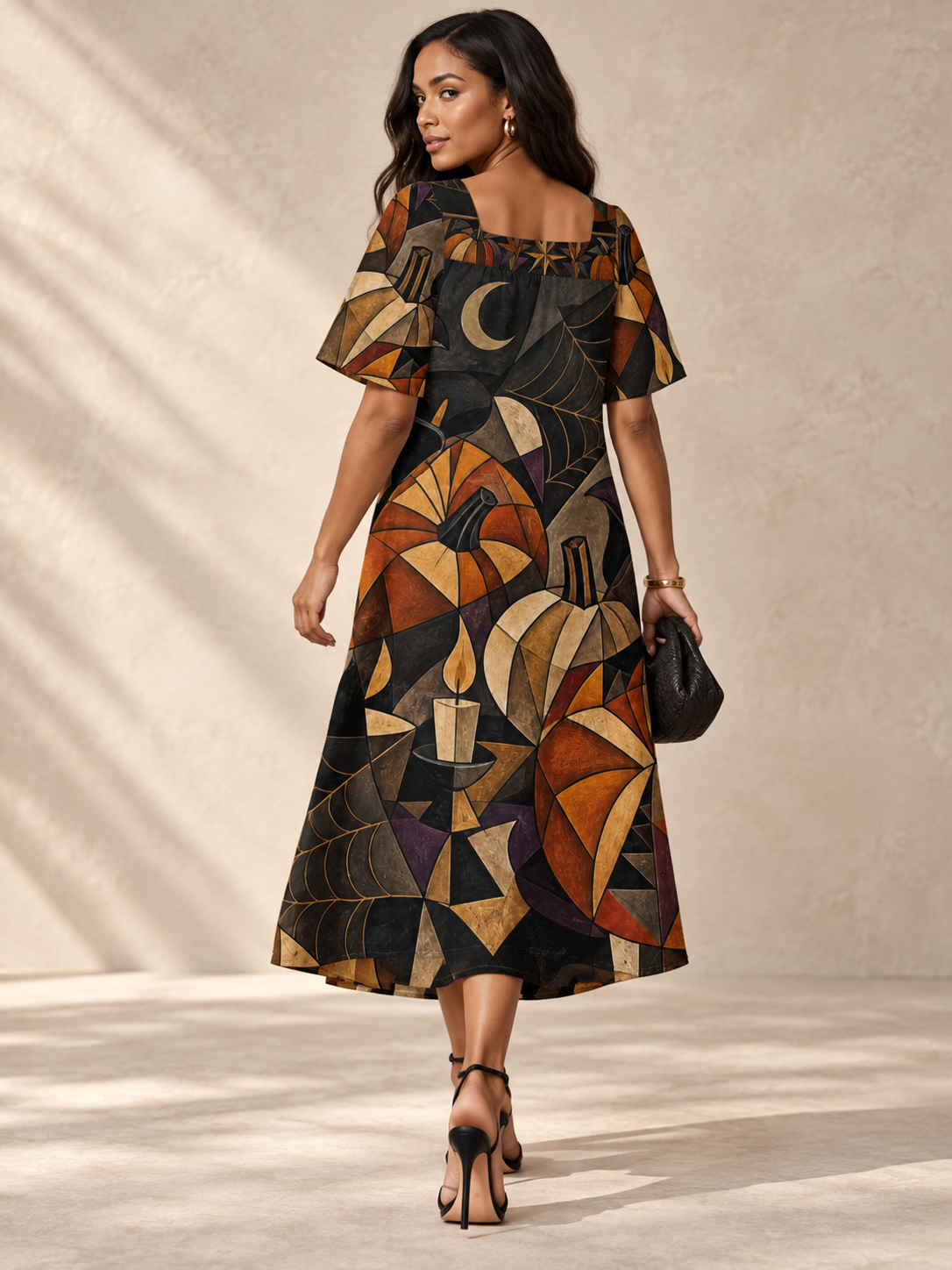 Gothic Halloween Maxi Dress, Geometric Pumpkin Moon Spiderweb Square Neck Dress