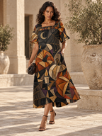 Gothic Halloween Maxi Dress, Geometric Pumpkin Moon Spiderweb Square Neck Dress