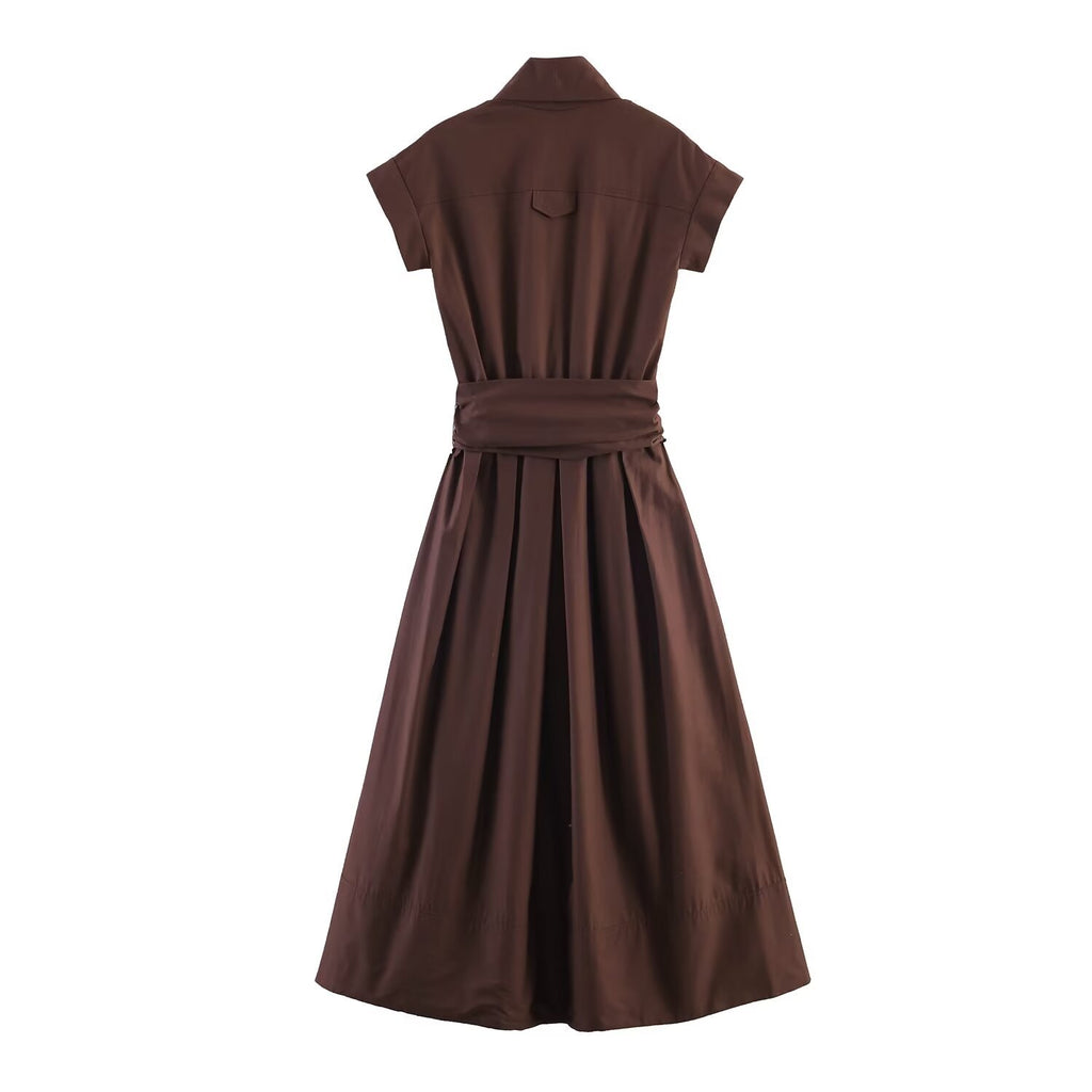 Burnt Sienna Patchwork Short-Sleeve Midi Dress