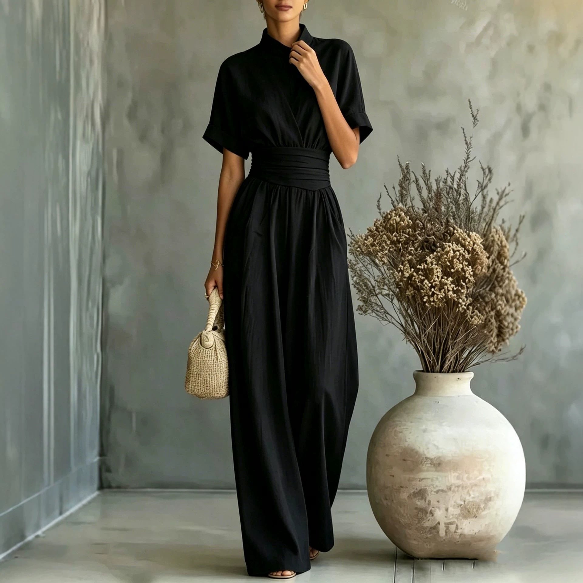 Sorrento High-Neck Wide-Leg Jumpsuit – Short-Sleeve One-Piece