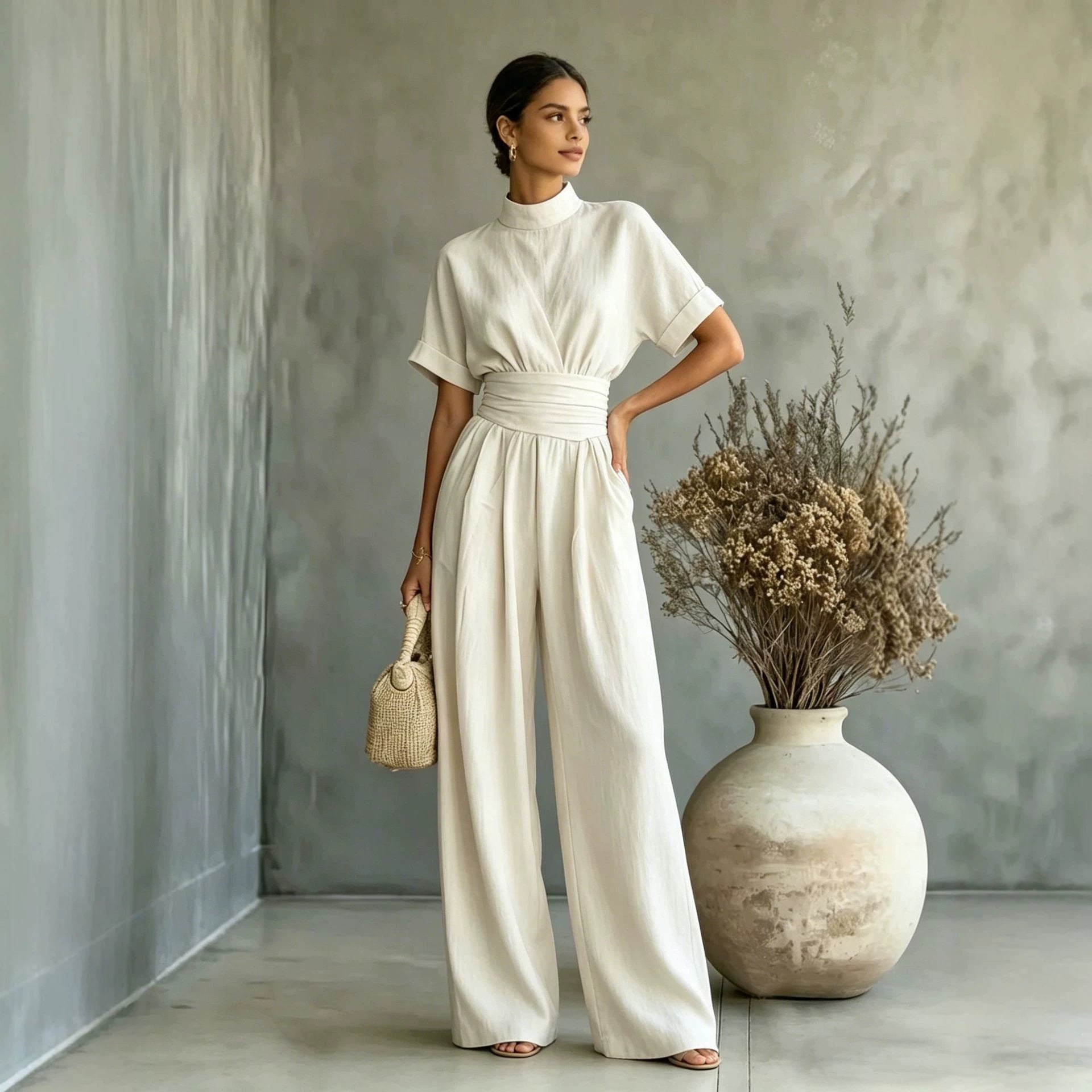 Sorrento High-Neck Wide-Leg Jumpsuit – Short-Sleeve One-Piece