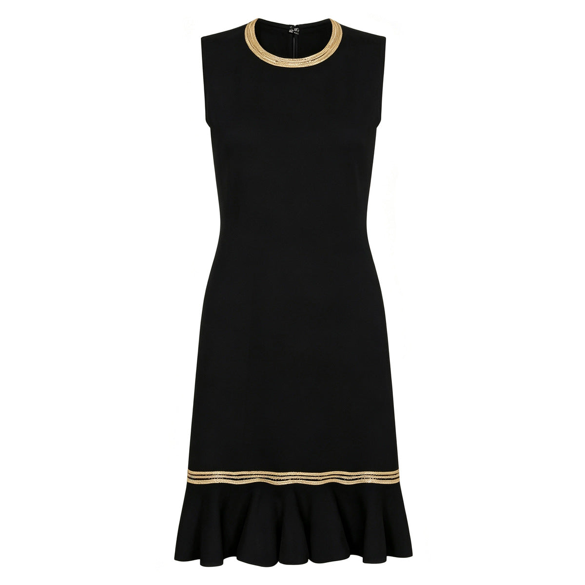Gold-Trim Sleeveless Flounce-Hem Midi Dress