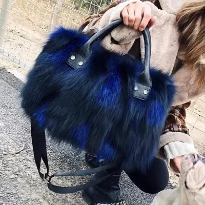 Women's textured fur shoulder bag in multicolor, gray, rose or royal blue