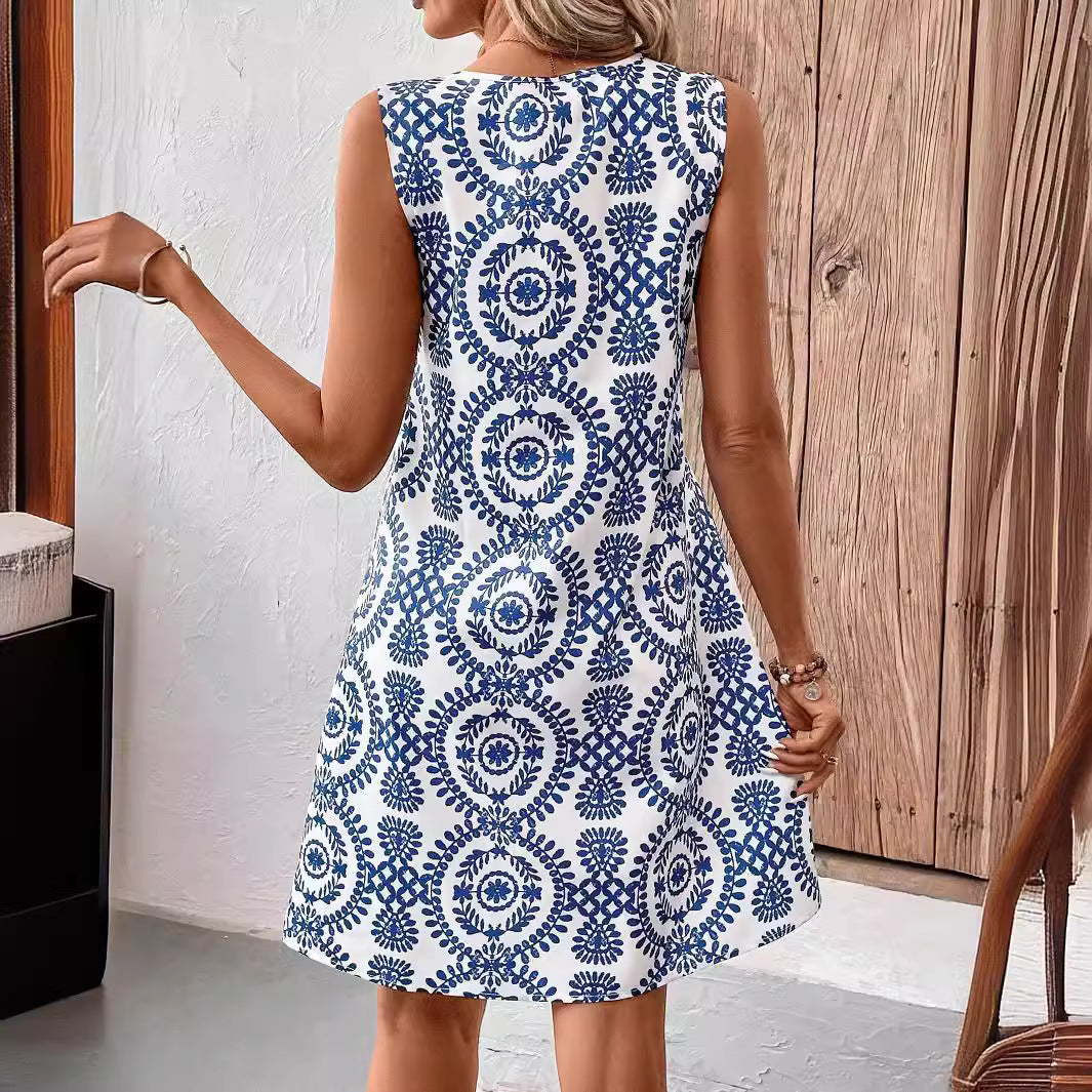 Sleeveless A-Line Mini Dress, Keyhole Ring Neck Resort Dress, Boho Paisley Floral Summer Vacation Dress