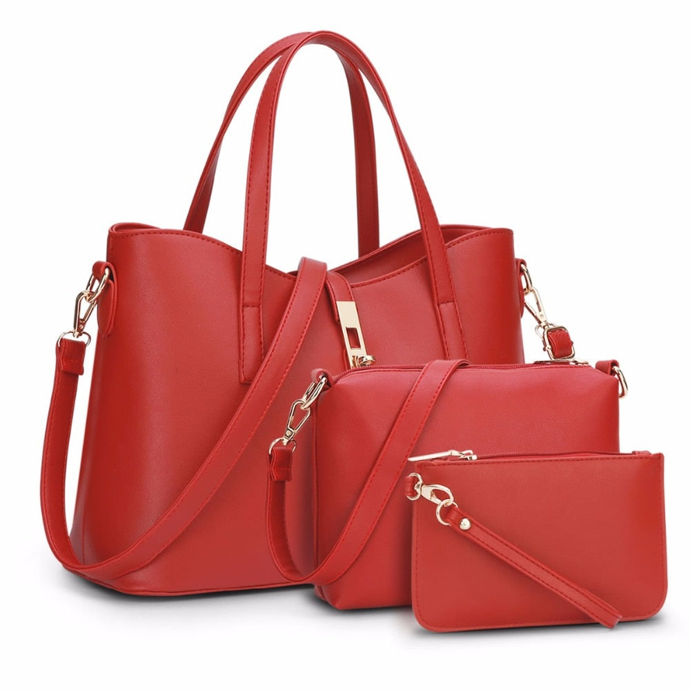 Women's three-piece PU handbag set with top-handle bag, crossbody and pouch