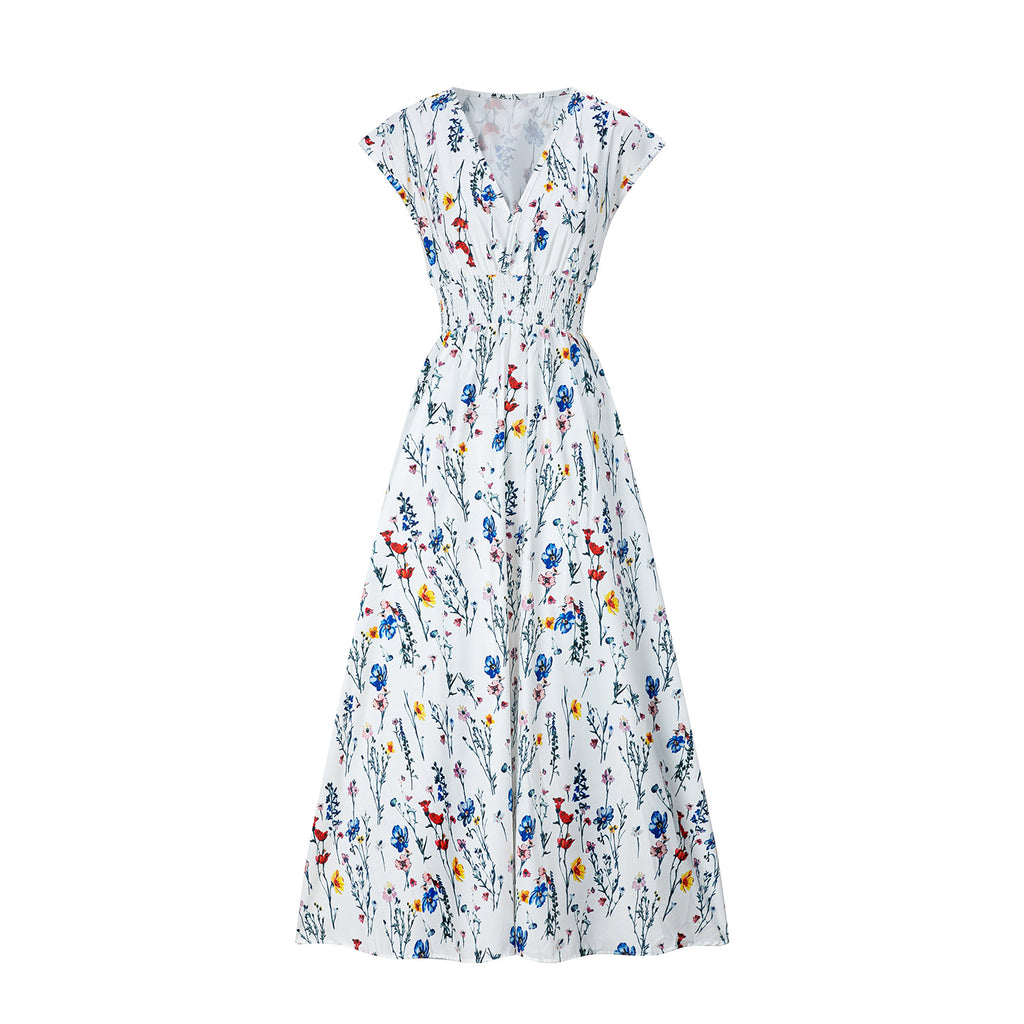White Floral V-Neck Lace-Up Maxi Dress